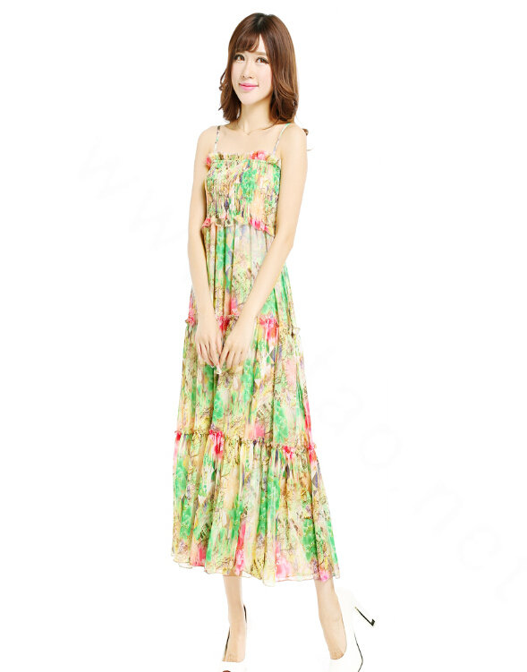 Elegant Dresses Summer Women V-Neck Printed Beach Long Chiffon Bohemian - Green