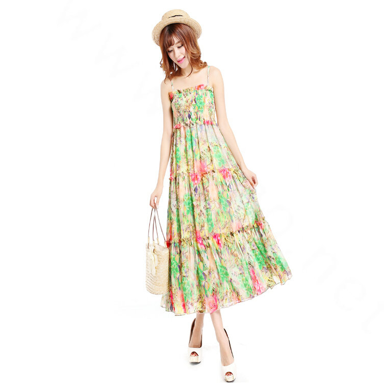 Elegant Dresses Summer Women V-Neck Printed Beach Long Chiffon Bohemian - Green