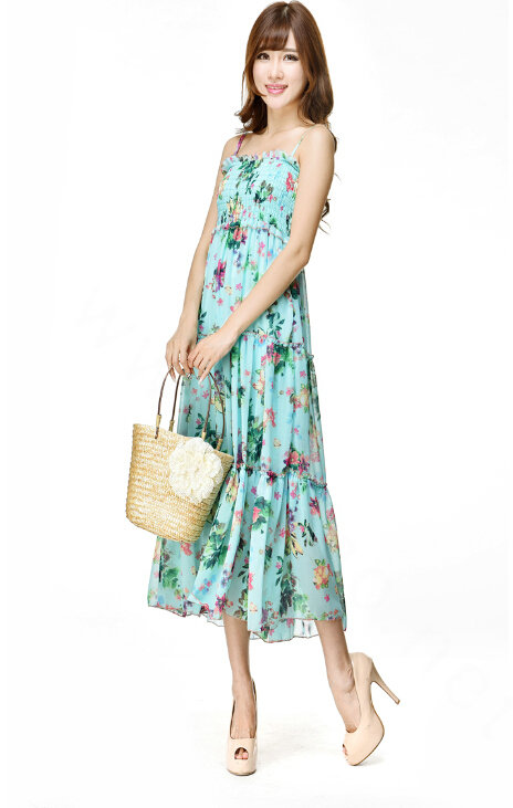 Elegant Dresses Summer Women V-Neck Printed Beach Long Chiffon Bohemian - Light Blue