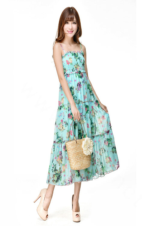 Elegant Dresses Summer Women V-Neck Printed Beach Long Chiffon Bohemian - Light Blue