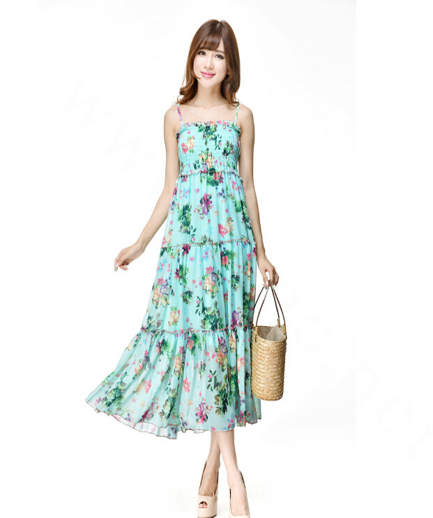 Elegant Dresses Summer Women V-Neck Printed Beach Long Chiffon Bohemian - Light Blue
