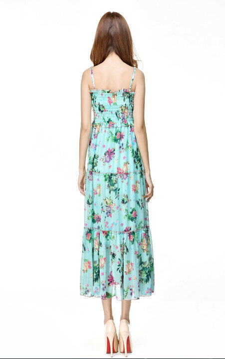 Elegant Dresses Summer Women V-Neck Printed Beach Long Chiffon Bohemian - Light Blue