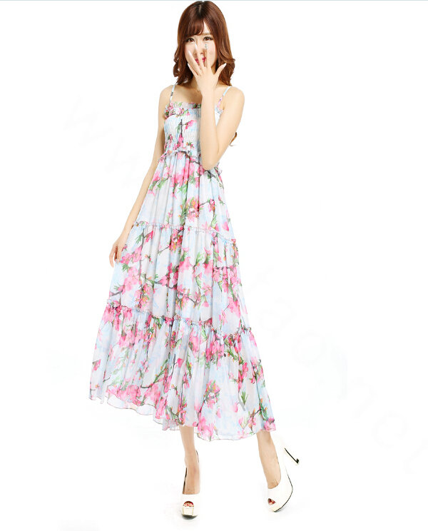 Elegant Dresses Summer Women V-Neck Printed Beach Long Chiffon Bohemian - Pink White