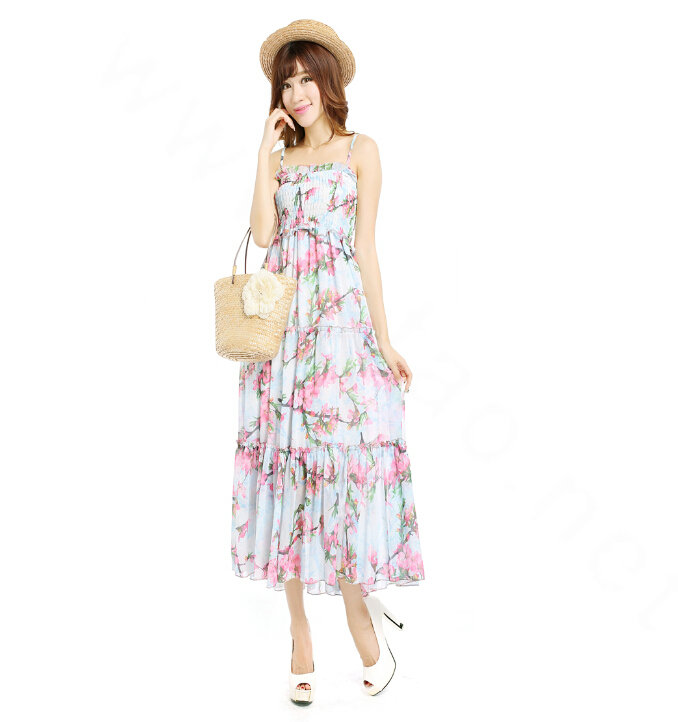 Elegant Dresses Summer Women V-Neck Printed Beach Long Chiffon Bohemian - Pink White