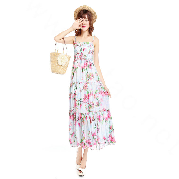 Elegant Dresses Summer Women V-Neck Printed Beach Long Chiffon Bohemian - Pink White