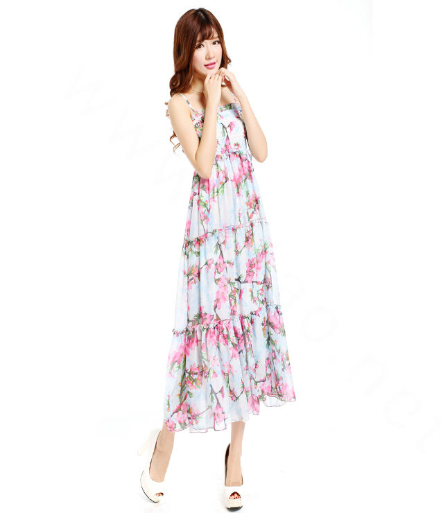 Elegant Dresses Summer Women V-Neck Printed Beach Long Chiffon Bohemian - Pink White