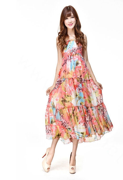 Elegant Dresses Summer Women V-Neck Printed Beach Long Chiffon Bohemian - Pink
