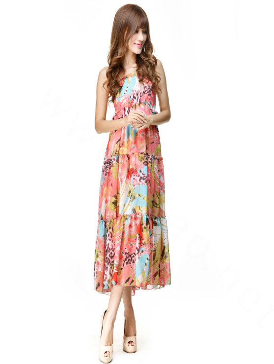 Elegant Dresses Summer Women V-Neck Printed Beach Long Chiffon Bohemian - Pink