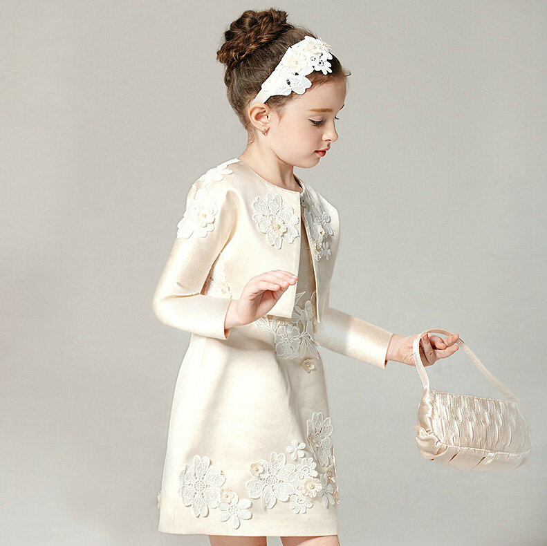 Elegant Dresses Winter Flower Girls Lace Wedding Party Dress - Beige