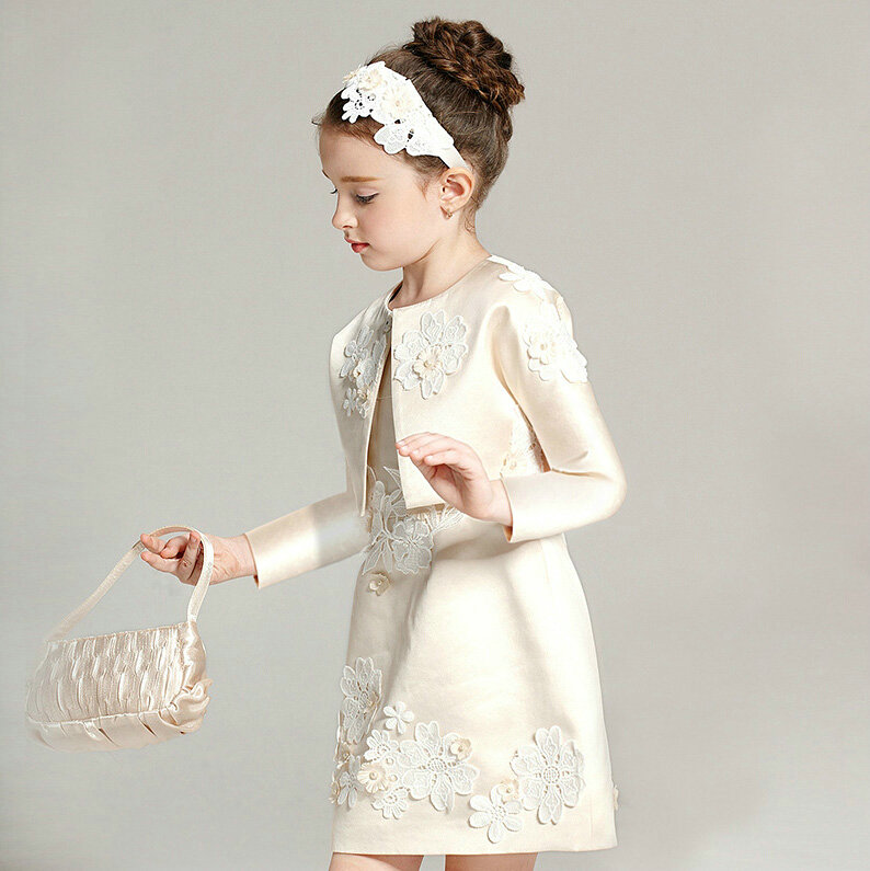 Elegant Dresses Winter Flower Girls Lace Wedding Party Dress - Beige