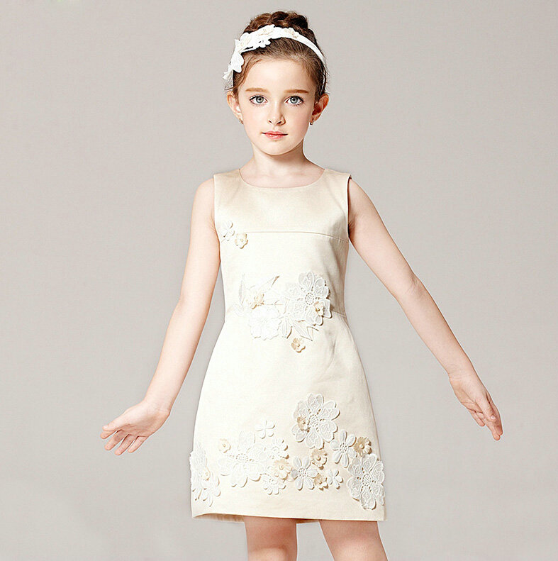 Elegant Dresses Winter Flower Girls Lace Wedding Party Dress - Beige
