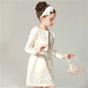 Elegant Dresses Winter Flower Girls Lace Wedding Party Dress - Beige