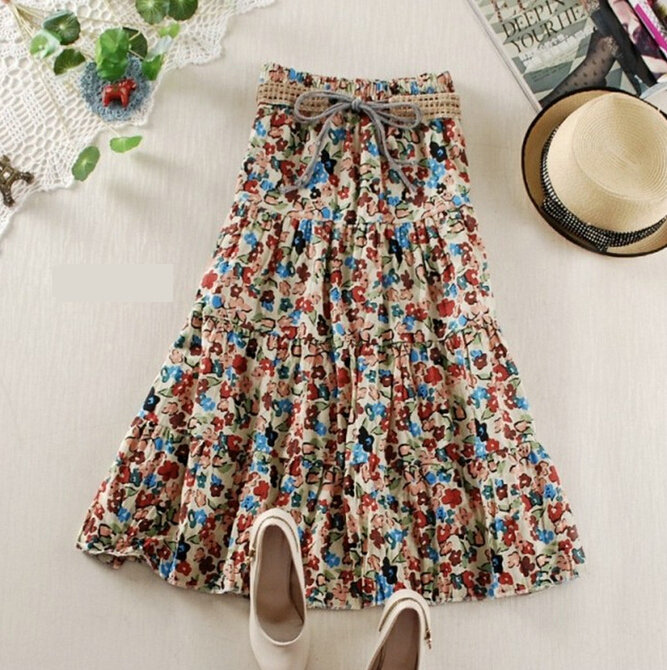 Fation Dresses Summer Girls Floral Bohemian Coast Semi Long Printed - Beige