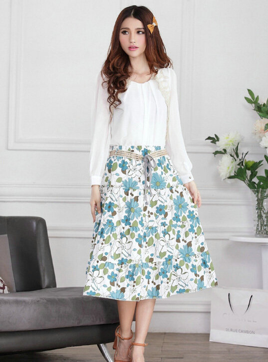 Fation Dresses Summer Girls Flower Bohemian Coast Semi Long Printed - Blue