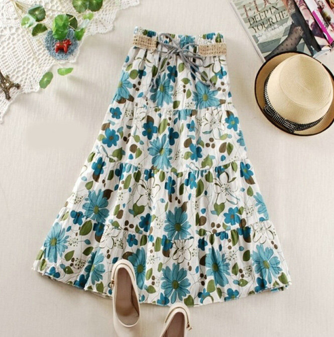 Fation Dresses Summer Girls Flower Bohemian Coast Semi Long Printed - Blue