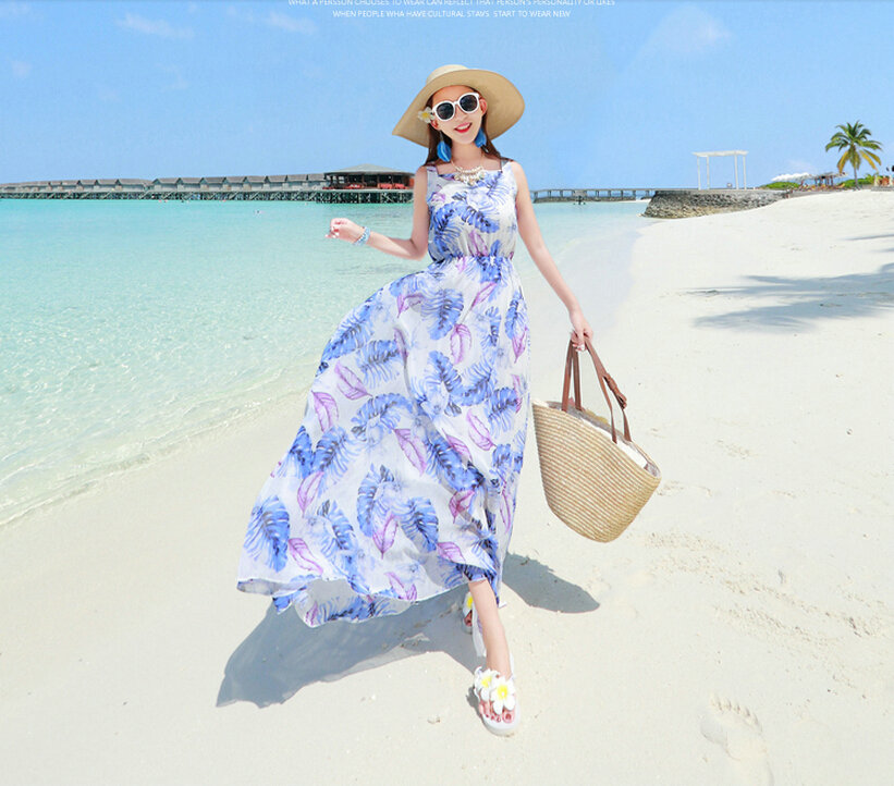 Fation Dresses Summer Girls Printed Bohemian Coast Chiffon Long - Blue
