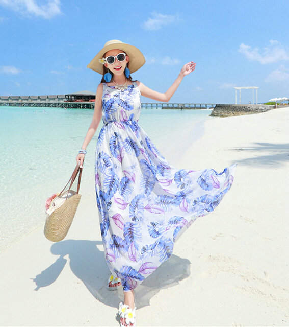Fation Dresses Summer Girls Printed Bohemian Coast Chiffon Long - Blue