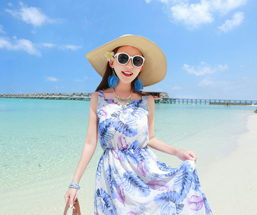 Fation Dresses Summer Girls Printed Bohemian Coast Chiffon Long - Blue