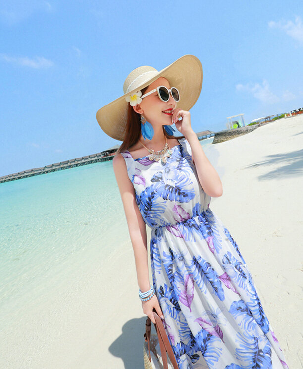 Fation Dresses Summer Girls Printed Bohemian Coast Chiffon Long - Blue