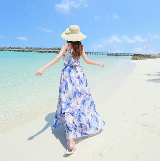 Fation Dresses Summer Girls Printed Bohemian Coast Chiffon Long - Blue