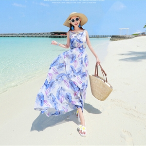 Fation Dresses Summer Girls Printed Bohemian Coast Chiffon Long - Blue