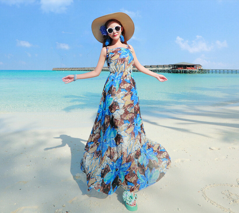 Fation Dresses Summer Girls Printed Bohemian Coast Chiffon Long - Dark Blue