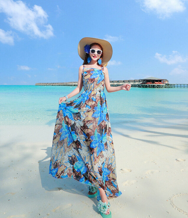Fation Dresses Summer Girls Printed Bohemian Coast Chiffon Long - Dark Blue