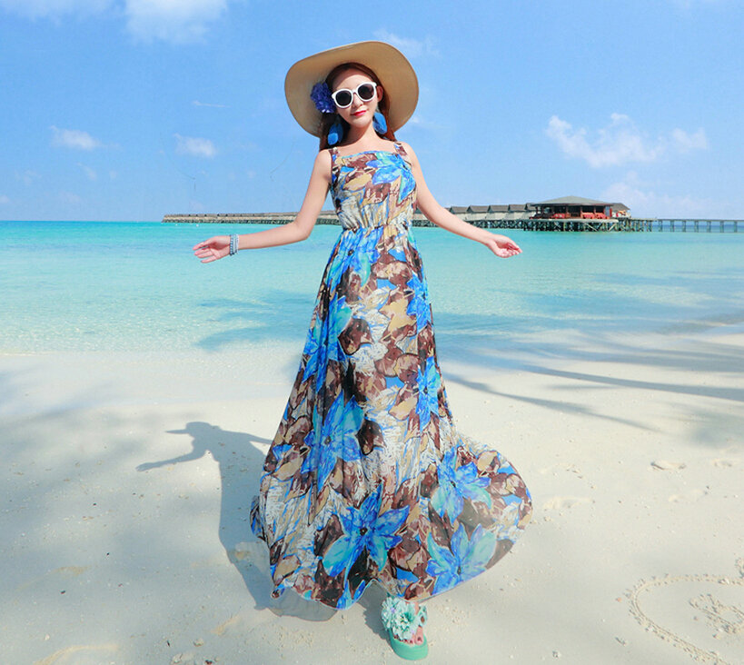Fation Dresses Summer Girls Printed Bohemian Coast Chiffon Long - Dark Blue