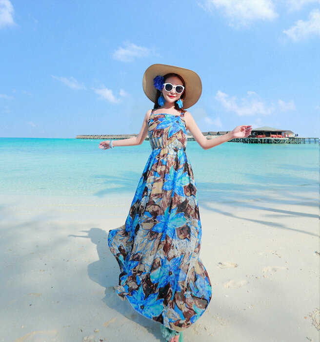 Fation Dresses Summer Girls Printed Bohemian Coast Chiffon Long - Dark Blue