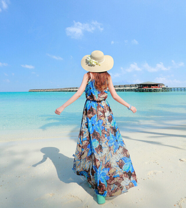 Fation Dresses Summer Girls Printed Bohemian Coast Chiffon Long - Dark Blue