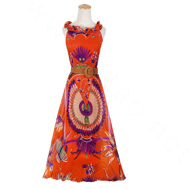 Fation Dresses Summer Girls Printed Bohemian Coast Chiffon Long - Orange