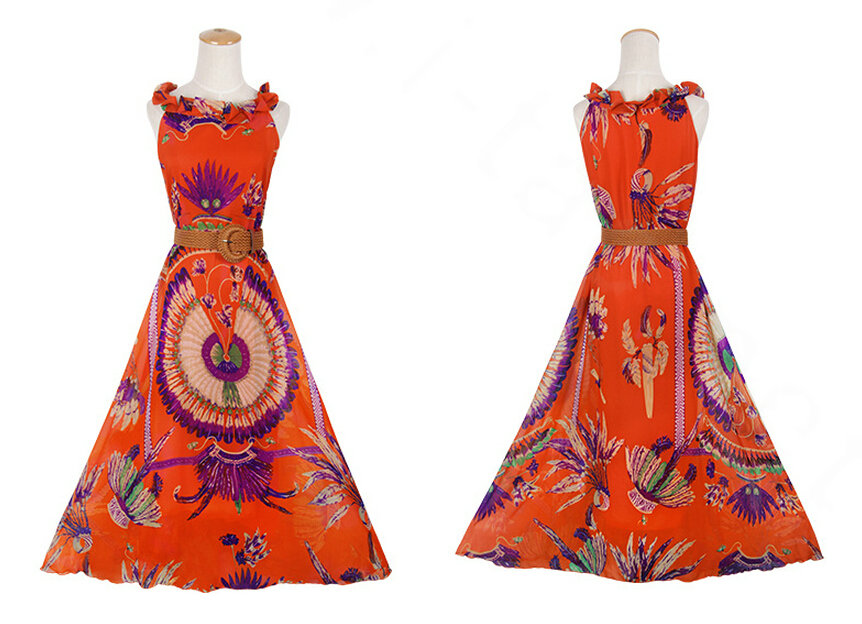Fation Dresses Summer Girls Printed Bohemian Coast Chiffon Long - Orange