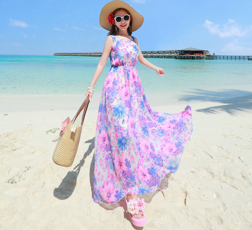 Fation Dresses Summer Girls Printed Bohemian Coast Chiffon Long - Pink