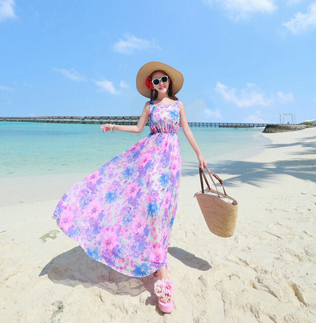 Fation Dresses Summer Girls Printed Bohemian Coast Chiffon Long - Pink