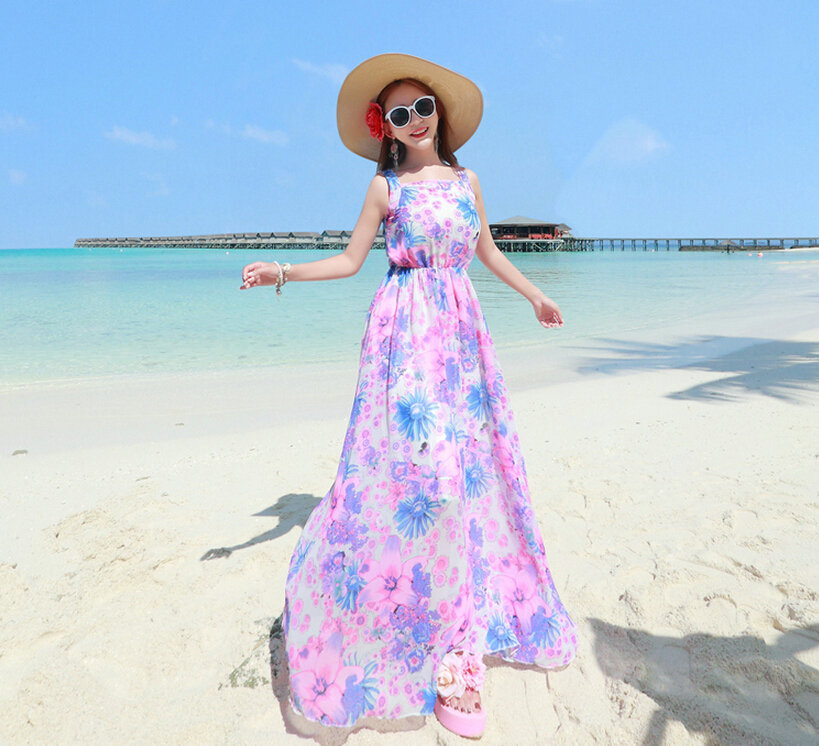 Fation Dresses Summer Girls Printed Bohemian Coast Chiffon Long - Pink