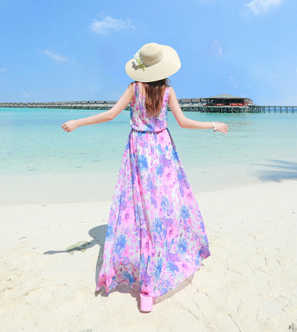 Fation Dresses Summer Girls Printed Bohemian Coast Chiffon Long - Pink