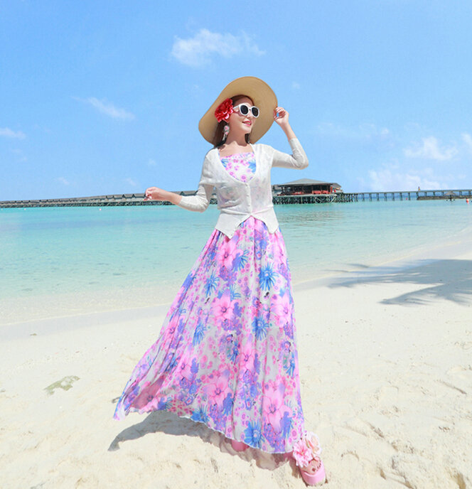 Fation Dresses Summer Girls Printed Bohemian Coast Chiffon Long - Pink