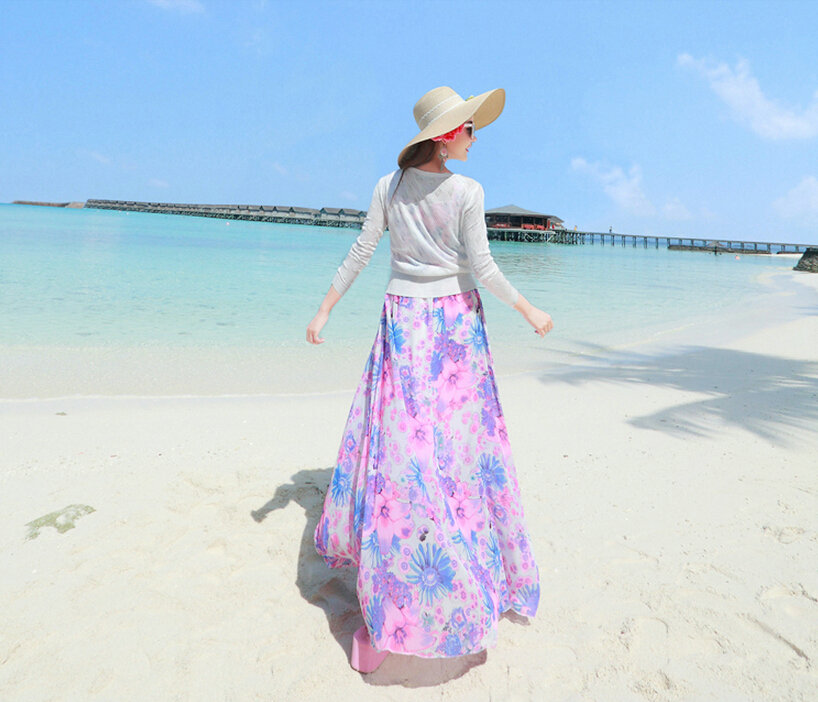 Fation Dresses Summer Girls Printed Bohemian Coast Chiffon Long - Pink