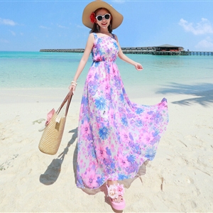 Fation Dresses Summer Girls Printed Bohemian Coast Chiffon Long - Pink