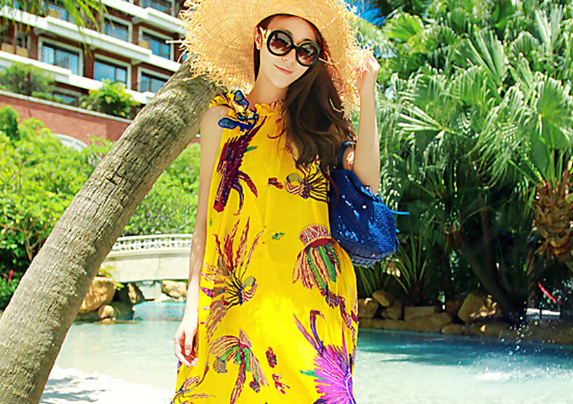 Fation Dresses Summer Girls Printed Bohemian Coast Chiffon Long - Yellow