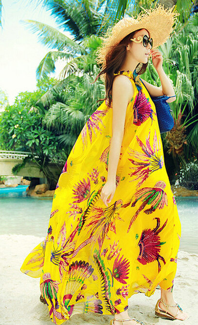 Fation Dresses Summer Girls Printed Bohemian Coast Chiffon Long - Yellow