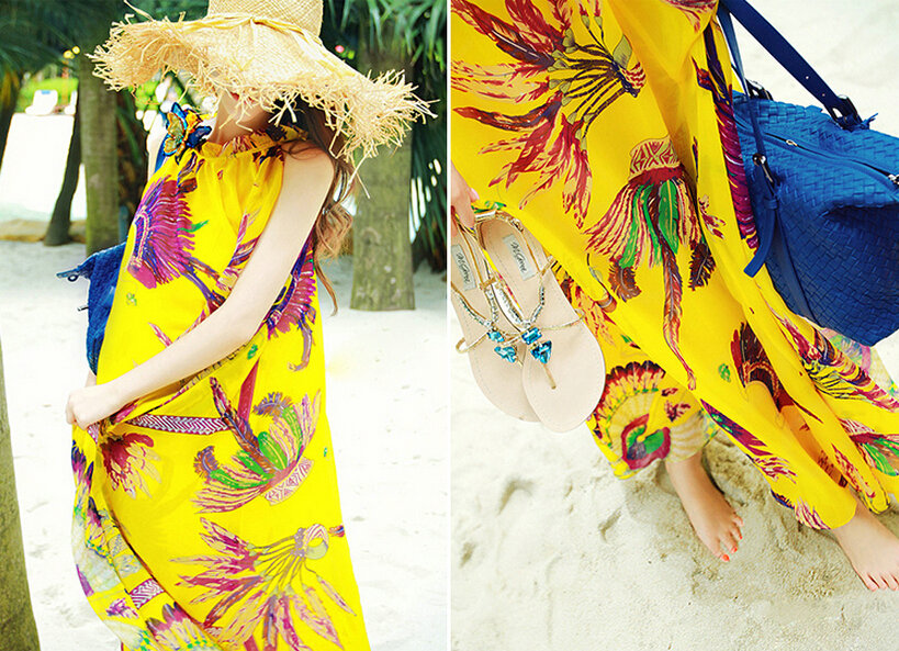 Fation Dresses Summer Girls Printed Bohemian Coast Chiffon Long - Yellow