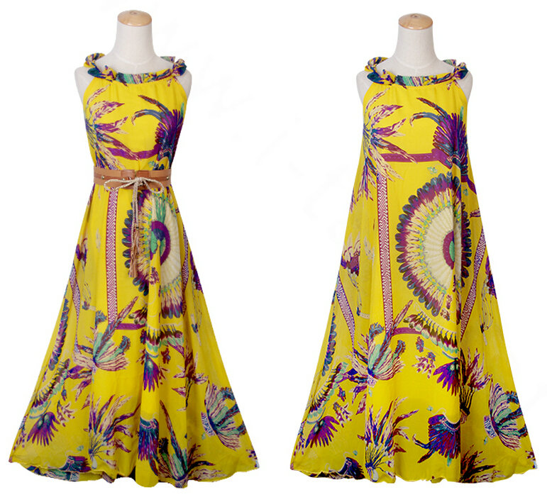 Fation Dresses Summer Girls Printed Bohemian Coast Chiffon Long - Yellow