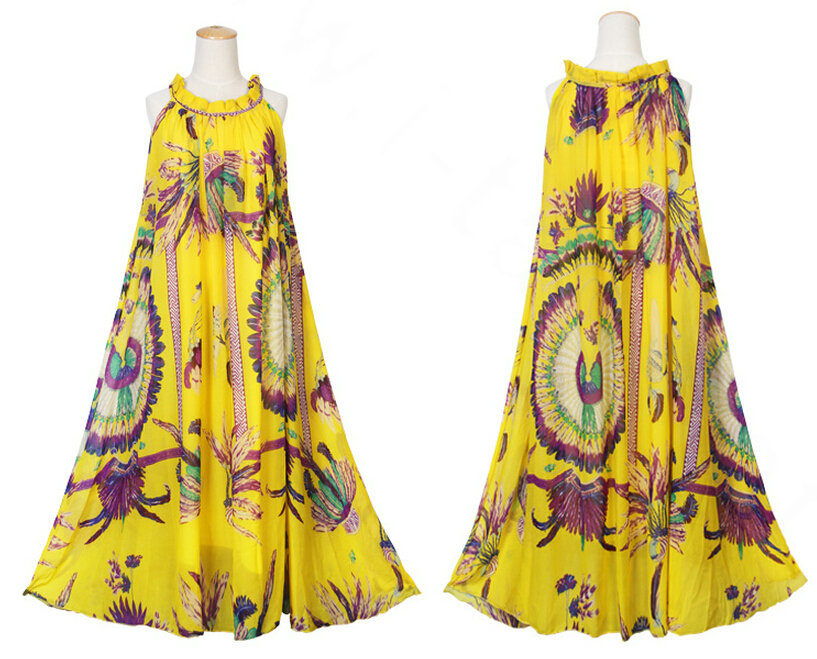 Fation Dresses Summer Girls Printed Bohemian Coast Chiffon Long - Yellow