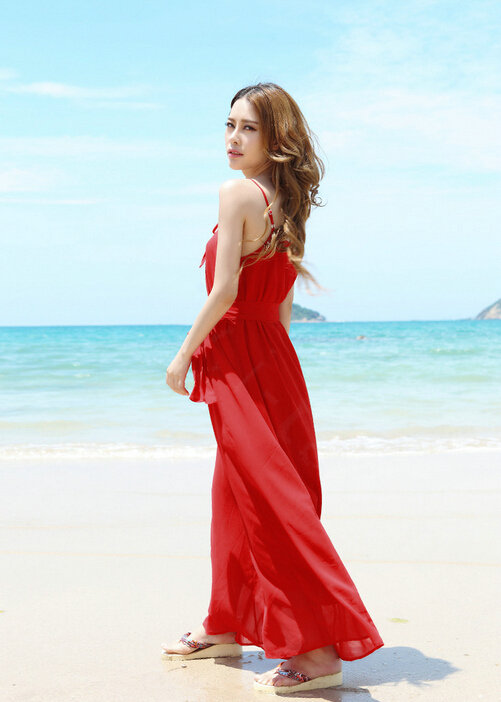 Fation Dresses Summer Girls Solid Bohemian Coast Chiffon Long - Red