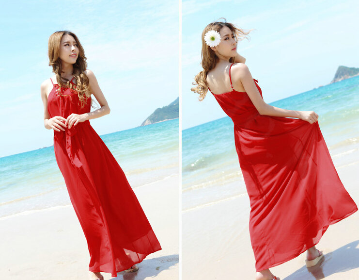 Fation Dresses Summer Girls Solid Bohemian Coast Chiffon Long - Red