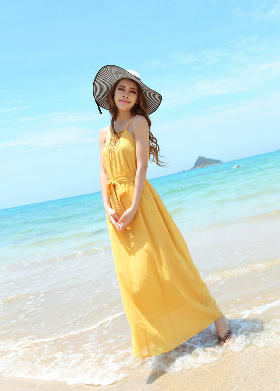 Fation Dresses Summer Girls Solid Bohemian Coast Chiffon Long - Yellow