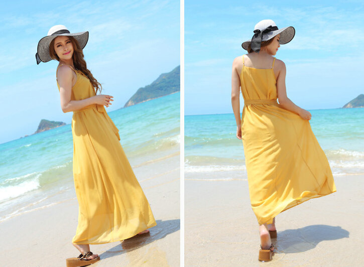 Fation Dresses Summer Girls Solid Bohemian Coast Chiffon Long - Yellow