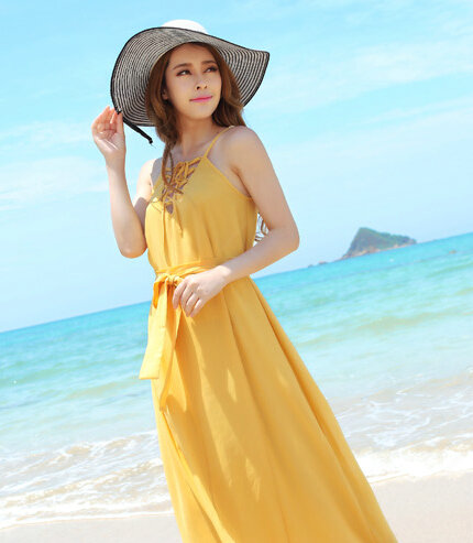 Fation Dresses Summer Girls Solid Bohemian Coast Chiffon Long - Yellow