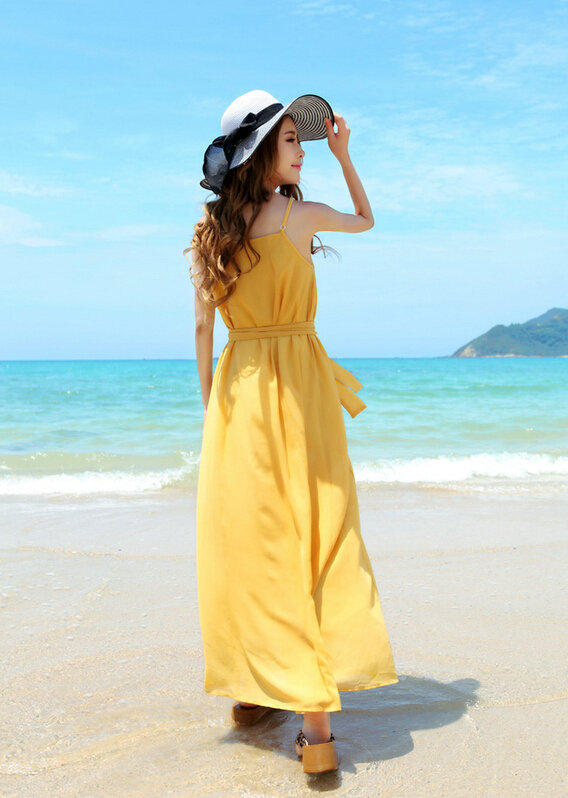 Fation Dresses Summer Girls Solid Bohemian Coast Chiffon Long - Yellow